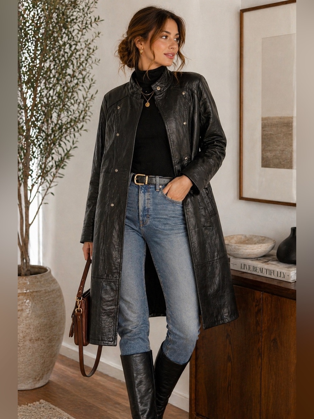 Vintage Black Genuine Leather Coat Women’s Long Jacket Minimalist Classic